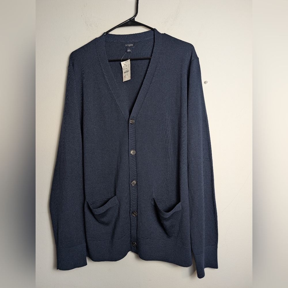 J. Crew Mens Cardigan Merino Wool Blend Navy Blue Button Up Sweater Sz L